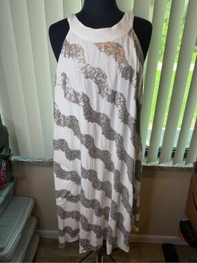 Lula Soul White Silver Sequined Striped Cotton Textured A-line Dress Size Large